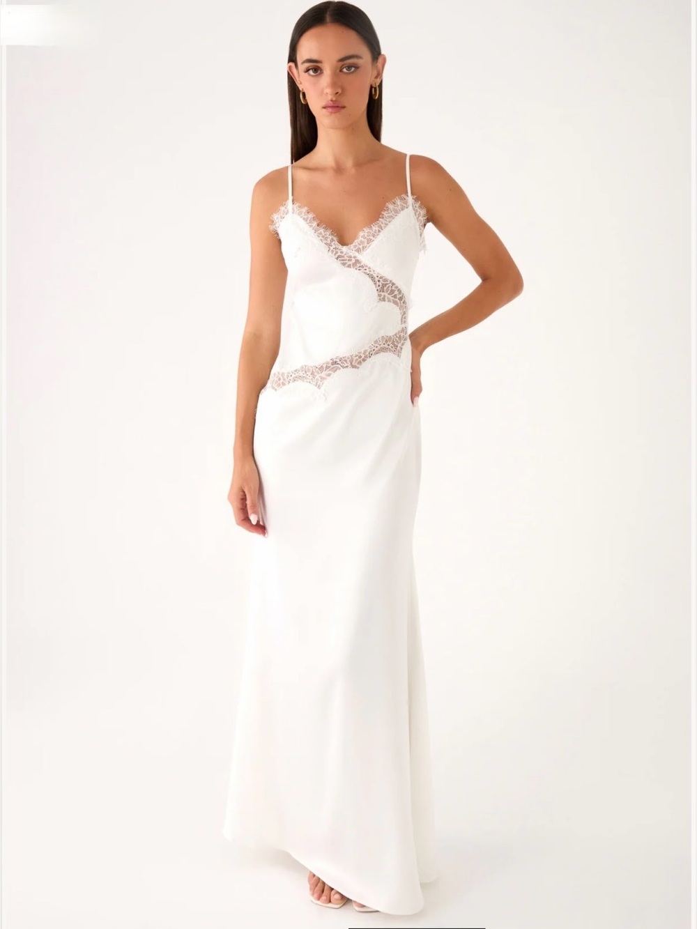 Peppermayo Velisse Maxi White Satin Lace Trim Slip Gown Dress 8